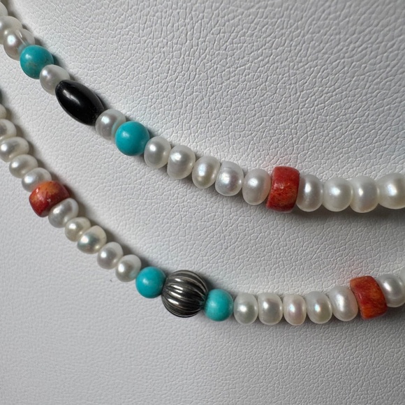 Vintage Carolyn Pollack Pearl Necklace Red Coral Turquoise American West 24" - Picture 10 of 14